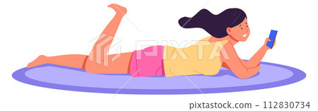 Girl laying on floor with smartphone. Happy leisure 112830734