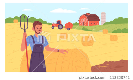 Farmer harvest hay on farm. Countryside nature scene Farmer harvest hay on farm. Countryside nature scene 112830741