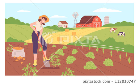Happy woman harvest vegetables. Rural farm scene 112830747