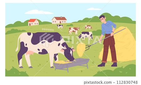 Farmer feeding cows. Rural countryside scene illustration 112830748