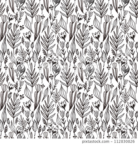 Hand drawn black pencil and marker leaves seamless pattern isolated on white background. Can be used for textile, fabric and other printed products. Hand drawn black pencil and marker leaves seamless pattern isolated on white background. Can be used for textile, fabric and other printed products. 112830826