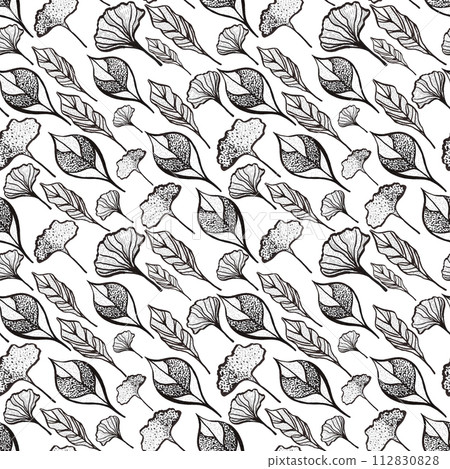 Hand drawn black pencil and marker leaves seamless pattern isolated on white background. Can be used for textile, fabric and other printed products. Hand drawn black pencil and marker leaves seamless pattern isolated on white background. Can be used for textile, fabric and other printed products. 112830828