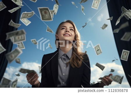 Wealthy shower: joyous cascade of money onto a blissful individual, embodying the triumphant concept of winning and amassing substantial wealth, a financial downpour symbolizing success and abundance. 112830878