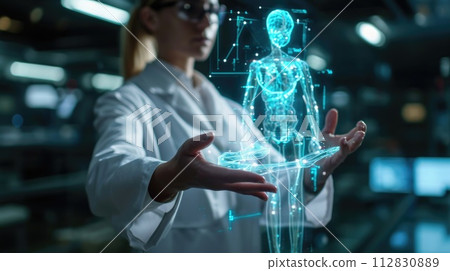 Medicine with futuristic technology. Doctors collaborate with computers, and holograms materialize intricate medical data, symbolizing harmonious future of advanced healthcare digital integration. Medicine with futuristic technology. Doctors collaborate with computers, and holograms materialize intricate medical data, symbolizing harmonious future of advanced healthcare digital integration. 112830889