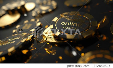 Virtual online casino concept, gaming, currency entertainment, gambling symbols, nightlife, deluxe symbol, betting chips playing cards, live poker digital entertainment, banner wallpaper background. 112830893
