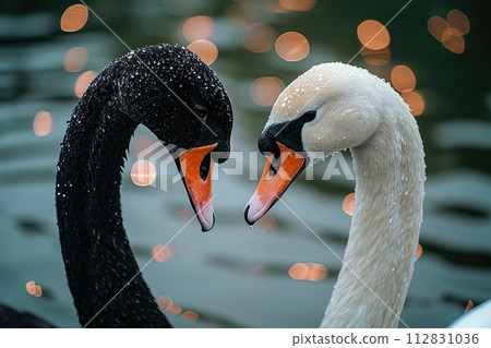 Serene embrace: two swans in love, a graceful display of adoration and unity in the swanst's affectionate bond, a symbol of tranquility and everlasting companionship in the natural world. 112831036