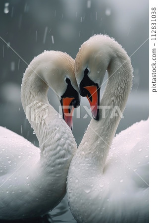 Serene embrace: two swans in love, a graceful display of adoration and unity in the swanst's affectionate bond, a symbol of tranquility and everlasting companionship in the natural world. 112831038