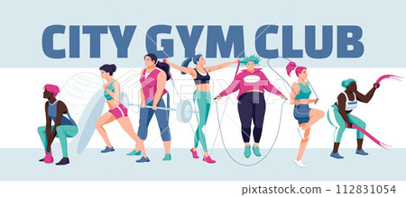 A group of different women doing exercises in the gym. Sport is a healthy lifestyle and gym advertising. Banner design. Vector flat illustration 112831054