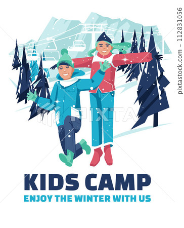 Advertisement of a children's winter camp. A boy and a girl are jumping on the background of a winter ski resort. Vector flat illustration. Advertisement of a children's winter camp. A boy and a girl are jumping on the background of a winter ski resort. Vector flat illustration. 112831056