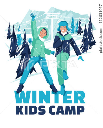 Advertisement of a children's camp of winter activities. Two boys are jumping on the background of a winter ski resort. Vector flat illustration. Advertisement of a children's camp of winter activities. Two boys are jumping on the background of a winter ski resort. Vector flat illustration. 112831057