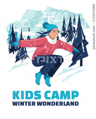 Advertisement of a children's winter camp. The girl jumps against the background of the winter mountains of the ski resort. Vector flat illustration. Advertisement of a children's winter camp. The girl jumps against the background of the winter mountains of the ski resort. Vector flat illustration. 112831060