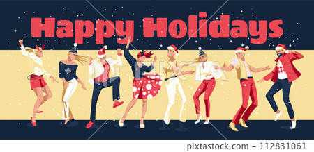 People are festively dressed, dancing and celebrating Christmas, New Year. Dark and snow night background. Event party. Vector flat illustration 112831061
