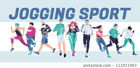 Groups of different people are running. Jogging, healthy lifestyle. Banner design. Vector flat illustration 112831063