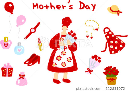 Hand-drawn illustration set of mothers holding carnation bouquets and various Mother's Day gifts 112831072