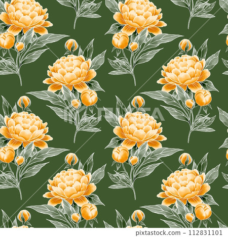 Peonies seamless floral pattern. Yellow flowers on green background 112831101
