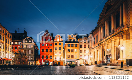 Stockholm, Sweden. Famous Old Colorful Houses, Swedish Academy and Nobel Museum In Old Square Stortorget In Gamla Stan. Famous Landmarks And Popular Place. Stockholm, Sweden. Famous Old Colorful Houses, Swedish Academy and Nobel Museum In Old Square Stortorget In Gamla Stan. Famous Landmarks And Popular Place. 112831152
