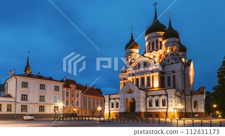 Tallinn, Estonia. Building Of Alexander Nevsky Cathedral In Night Time. Famous Orthodox Cathedral Tallinn, Estonia. Building Of Alexander Nevsky Cathedral In Night Time. Famous Orthodox Cathedral 112831173