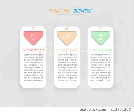 Infographics. 3 stages of development, marketing, workflow or plan. Business strategy with icons. Report and statistics diagram 112831207