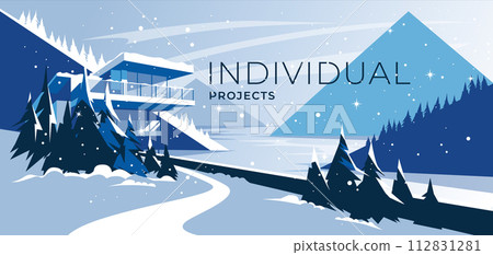 modern architecture cottage on a mountain forest lake. Winter season. Snow day. Vector flat illustration 112831281