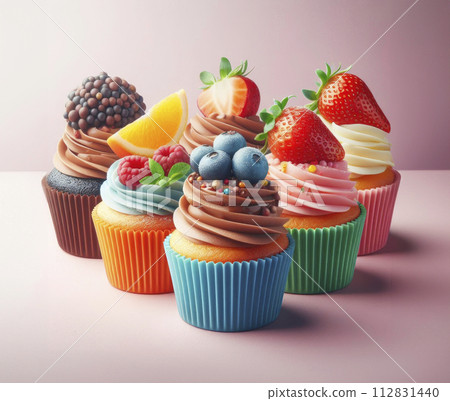 Vibrant array of cupcakes with different flavors, topped with fresh fruits and berries, on a soft pink background Vibrant array of cupcakes with different flavors, topped with fresh fruits and berries, on a soft pink background 112831440