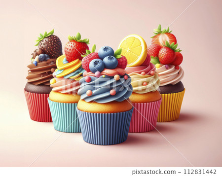 Vibrant array of cupcakes with different flavors, topped with fresh fruits and berries, on a soft pink background Vibrant array of cupcakes with different flavors, topped with fresh fruits and berries, on a soft pink background 112831442