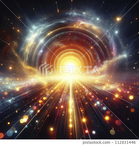 his image features a vibrant cosmic burst with multiple layers of light circles, simulating an energetic astronomical event 112831446