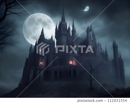 scary castle with moon in the night 112831554
