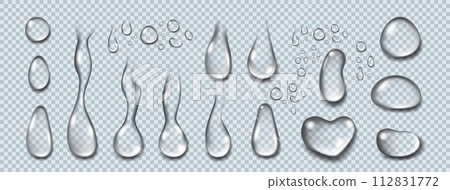 Drop water. Serum gel, oil droplet, collagen liquid jelly clear, cream hyaluron acid, transparent ball, surface moisture lotion. Clear isolated liquid closeup. Rain condensation. Vector background 3d 112831772