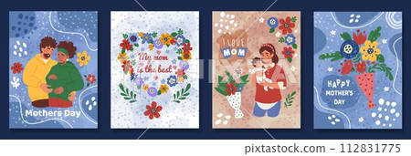 Mother day, flower card. Floral watercolor posters, happy birthday postcard. Background pattern design. Child baby with mom. Love nature plant. Woman and children vector tidy cartoon flat illustration Mother day, flower card. Floral watercolor posters, happy birthday postcard. Background pattern design. Child baby with mom. Love nature plant. Woman and children vector tidy cartoon flat illustration 112831775