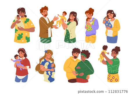 Pregnant women. Pregnancy and maternity. Parents expecting childbirth. Father with baby in stroller. Little newborn children. Couple with toddlers. Happy moms. Vector tidy illustration scenes set Pregnant women. Pregnancy and maternity. Parents expecting childbirth. Father with baby in stroller. Little newborn children. Couple with toddlers. Happy moms. Vector tidy illustration scenes set 112831776