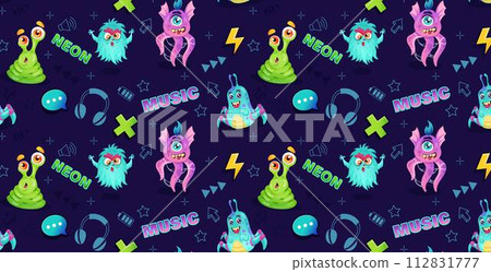 Pattern boy. Art cool, seamless texture. Music doodle, neon urban background, cartoon monster, headphones sketch. Aliens and mutants symbol, wallpaper endless, grunge style. Vector tidy illustration 112831777