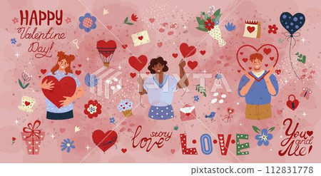 Love. Happy valentine day set. Calendar letter, sweet. Wedding arrow collection, party pink, text heart, hand people gift, romance couple, flower 14 February. Woman hold heart. Vector tidy background 112831778