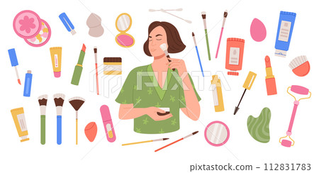 Woman makeup. Beauty cosmetics. Skin moisturizing cream. Lipstick and mascara. Eye care. Foundation and powder. Hand manicure. Nail varnish. Face spa procedure. Vector garish skincare products set 112831783