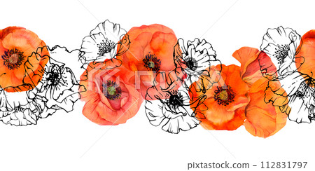 Hand drawn watercolor botanical illustration flowers leaves. Red poppy papaver, stems buds seedpods. Seamless banner isolated white background. Design wedding, love cards, remembrance day stationery 112831797
