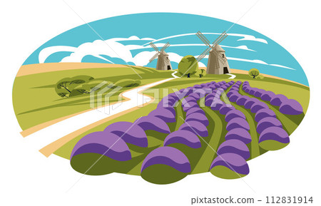 Lavender field with traditional old windmills. France. Traditional landscape of Provence. Summer flowering season. Vector flat illustration Lavender field with traditional old windmills. France. Traditional landscape of Provence. Summer flowering season. Vector flat illustration 112831914