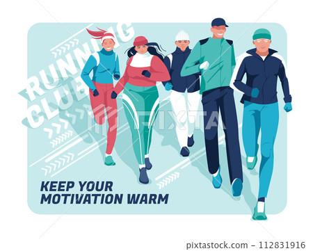 Banner for advertising running competitions or training. A group of athletes wearing warm clothes are running on an abstract background. Season of winter runs. Different races, fat people. Banner for advertising running competitions or training. A group of athletes wearing warm clothes are running on an abstract background. Season of winter runs. Different races, fat people. 112831916