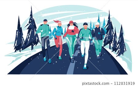 Marathon race group - flat cartoon modern vector illustration of running men and women in snow on winter country road. Running in the cold season. Creative landing page design template, web banner Marathon race group - flat cartoon modern vector illustration of running men and women in snow on winter country road. Running in the cold season. Creative landing page design template, web banner 112831919