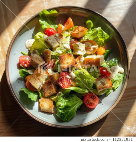 Indulge in a refreshing salad featuring crisp lettuce, juicy tomatoes 112831931