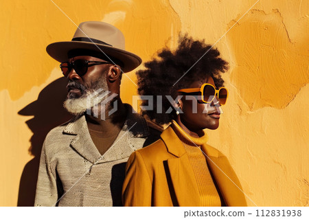 Elegant couple in stylish outfits and sunglasses exude confidence against a warm textured 112831938
