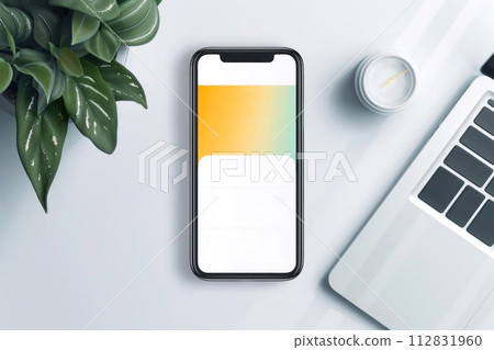 Minimalist workspace with a modern smartphone on a desk Minimalist workspace with a modern smartphone on a desk 112831960