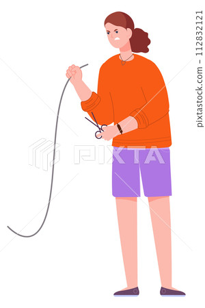Angry woman cut wires. Internet use conflict Angry woman cut wires. Internet use conflict 112832121