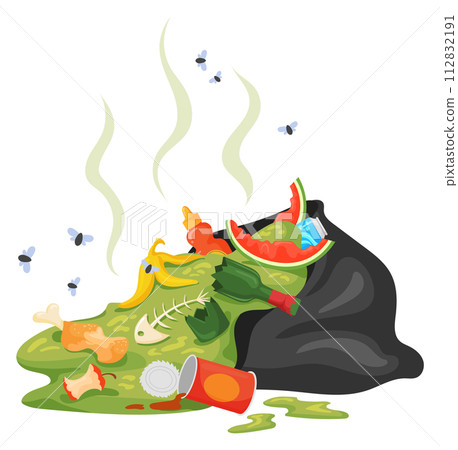 Smelling trash. Rotting garbage in black bag icon Smelling trash. Rotting garbage in black bag icon 112832191