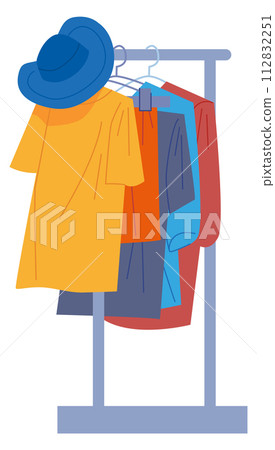 Wardrobe icon. Clothes hanging on rack. Fashion store 112832251