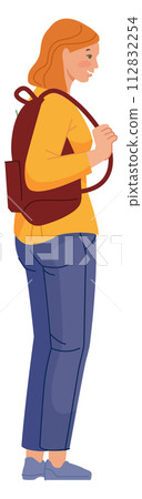 Young woman with backpack. Smiling female tourist character Young woman with backpack. Smiling female tourist character 112832254