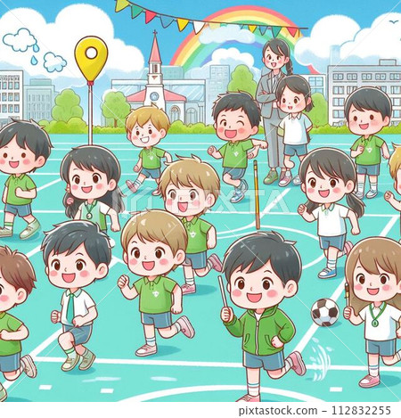 Children standing in a circle at a sports day Children standing in a circle at a sports day 112832255