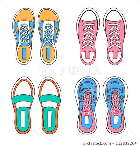 Female, women sneakers set in cartoon style. Hand drawn casual shoes icon. Vector illustration isolated on a white background. 112832264