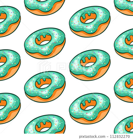 Donut seamless pattern with turquoise frosting and sprinkles in cartoon style. Simple wallpaper line design for food apps, bakery and cafe. Vector illustration on a white background. Donut seamless pattern with turquoise frosting and sprinkles in cartoon style. Simple wallpaper line design for food apps, bakery and cafe. Vector illustration on a white background. 112832270