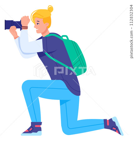 Tourist with professional photo camera. Outdoor picture shoot 112832304