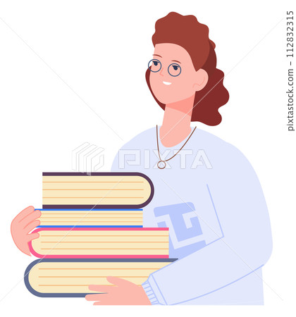Woman with bookstack. Female character study and learn knowledge Woman with bookstack. Female character study and learn knowledge 112832315