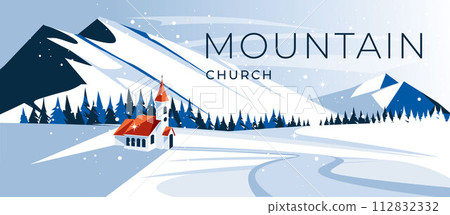 Catholic traditional church in the middle of a winter mountain valley. Snow meadow. Landscape of the cold Christmas season. Vector flat illustration 112832332